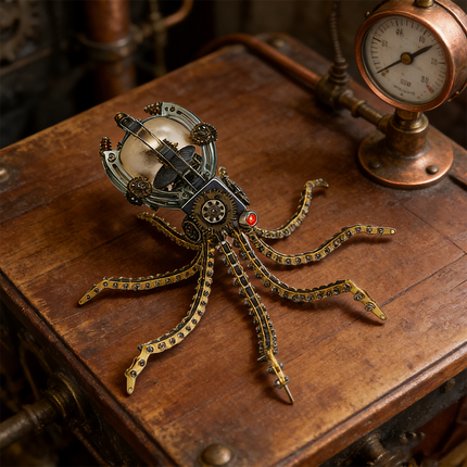 Unique mechanical steampunk octopus metal model displayed on an antique wooden surface, surrounded by vintage gauges and pipes. This intricate 3D puzzle features detailed gears, tentacles, and a prominent red eye, making it an engaging steampunk puzzle and a highlight among metal kits.