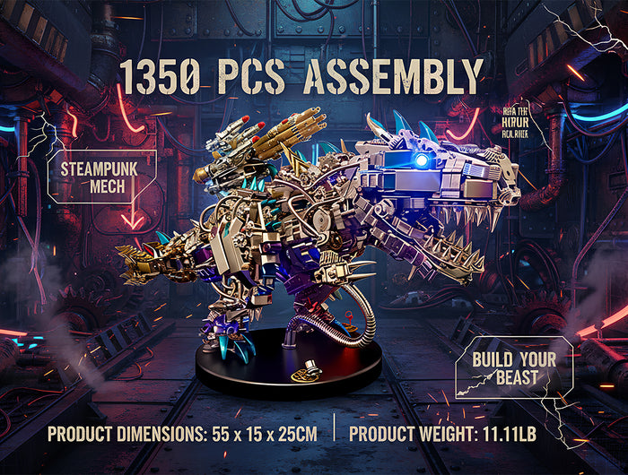 This is a 1350-piece steampunk mech dinosaur 3D puzzle, measuring 55×15×25cm and weighing 11.11LB. It features a bold purple-silver-gold color scheme, detailed mechanical joints, and a glowing eye accent, displayed on a base.Highlighted by large-scale design, complex assembly, and futuristic-steampunk styling, it’s a high-detailed collectible blending puzzle art and mechanical beast aesthetics.
