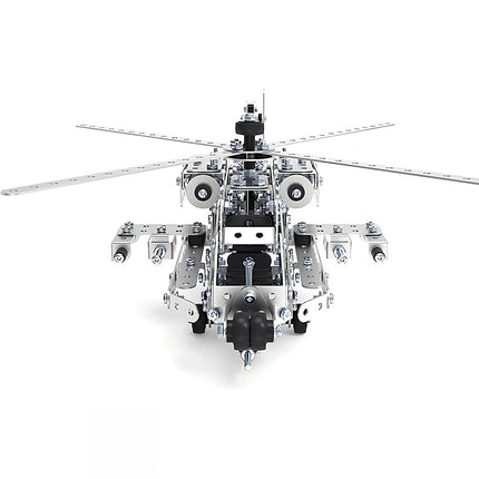  Front view of a detailed metal model helicopter, highlighting its intricate mechanical steampunk components. An engaging 3D puzzle metal kit for fans of steampunk puzzle and complex designs.