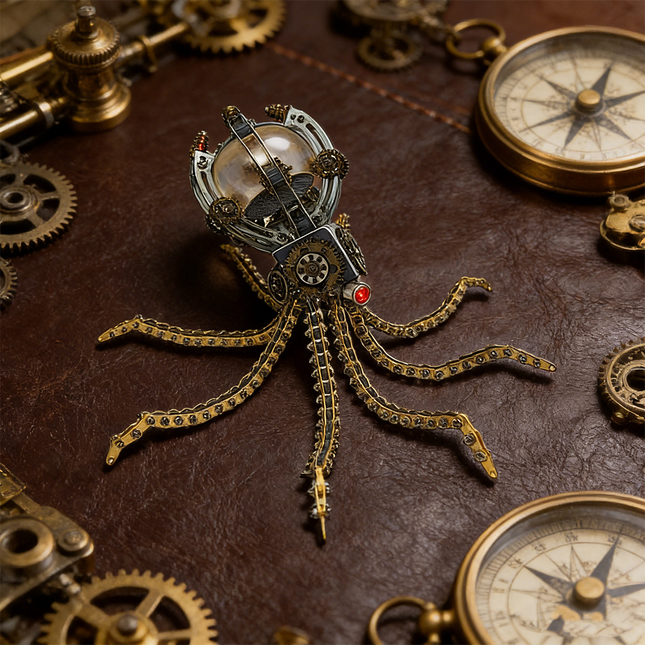 Exquisite mechanical steampunk octopus metal model, centered on a luxurious brown leather surface, surrounded by brass gears and vintage compasses. This intricate 3D puzzle highlights a detailed mechanical steampunk design, making it a challenging steampunk puzzle and a premium addition to metal kits.