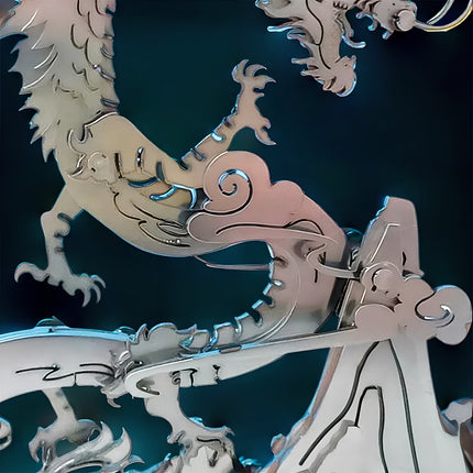 Close-up of a silver steampunk dragon metal model's mid-body, intricately connected to a cloud and mountain-themed base, highlighting the detailed artistry of this mechanical steampunk 3D puzzle and collectible Metal Kits.
