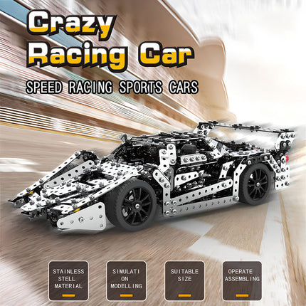 A "Crazy Racing Car" metal model, designed as a speed racing sports car with detailed mechanical steampunk aesthetics. This impressive 3D puzzle metal kit is an exciting steampunk puzzle for automotive enthusiasts.