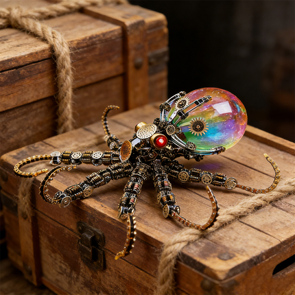 Vibrant mechanical steampunk octopus metal model with a mesmerizing rainbow-colored orb head, resting on rustic wooden treasure chests. This captivating 3D puzzle showcases intricate gears and a unique design, making it a spectacular steampunk puzzle and a premium item among metal kits.