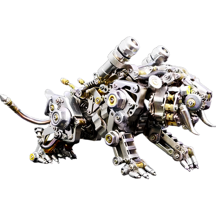 teampunk Mechanical Saber-Toothed Tiger Artwork - An intricate industrial decor piece for steampunk fans, mechanical design lovers, and collectible enthusiasts, this is a saber-toothed tiger-themed mechanical artwork crafted from 3D Puzzle Metal Kits. It features a silver-and-gold metallic structure (composed of precision-cut gears, bolts, and articulated joints), realistic saber-tooth details, fully poseable limbs/tail, and exposed mechanical components, paired with a retro-futuristic steampunk aesthetic.