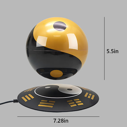 Dimensions of the magnetic levitation Yin Yang sphere: 5.5 inches (sphere height) and 7.28 inches (base diameter)