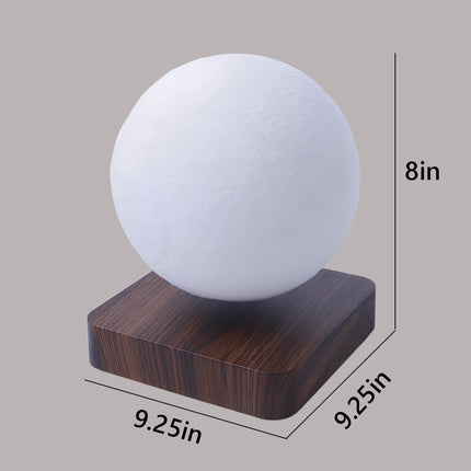 Dimensions of the magnetic levitating moon lamp: 8 inches high with a 9.25" square wood base