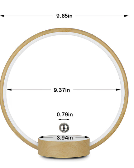 Dimensions of the wood grain magnetic levitation ring light: 9.45in height, 9.37in inner diameter, 3.94in base diameter, 0.79in sphere diameter