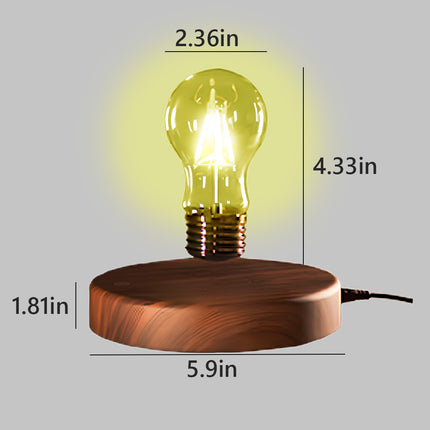 Dimensions of  the magnetic levitating light bulb lamp: 2.36 inches (bulb diameter), 4.33 inches (bulb height), 1.81 inches (base height), 5.9 inches (base diameter)