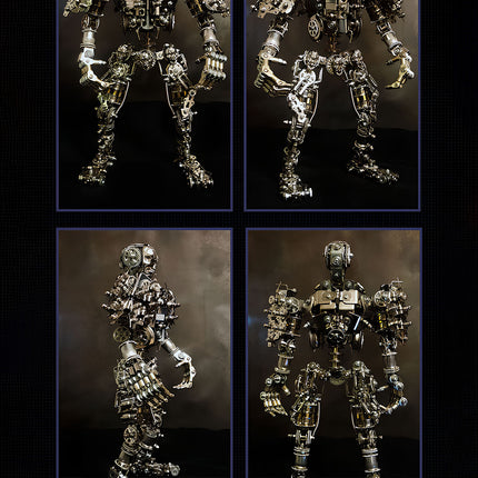 Four-panel display of a "Body of Steel" mechanical steampunk model in various poses, highlighting its articulated limbs and detailed metal kit construction. A versatile 3D puzzle for steampunk mech enthusiasts.