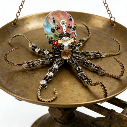 Vibrant mechanical steampunk octopus metal model with a rainbow-colored orb head, meticulously balanced on an antique brass weighing scale. This intricate 3D puzzle features detailed gears and chain-link tentacles, showcasing a unique steampunk puzzle design and premium craftsmanship from our metal kits collection.