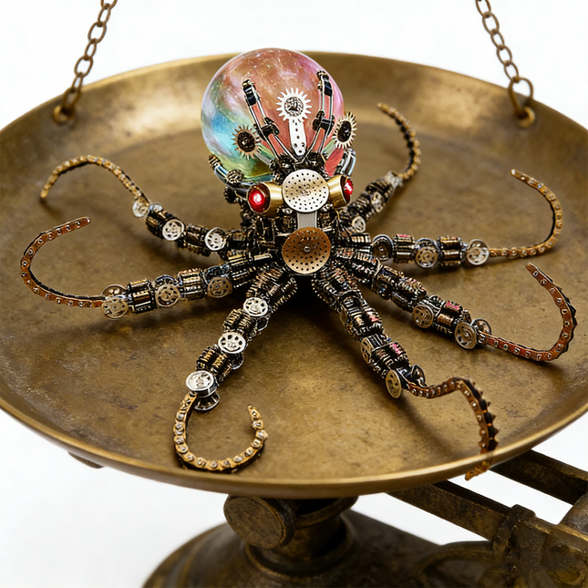 Vibrant mechanical steampunk octopus metal model with a rainbow-colored orb head, meticulously balanced on an antique brass weighing scale. This intricate 3D puzzle features detailed gears and chain-link tentacles, showcasing a unique steampunk puzzle design and premium craftsmanship from our metal kits collection.