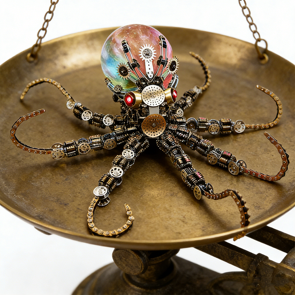 Vibrant mechanical steampunk octopus metal model with a rainbow-colored orb head, meticulously balanced on an antique brass weighing scale. This intricate 3D puzzle features detailed gears and chain-link tentacles, showcasing a unique steampunk puzzle design and premium craftsmanship from our metal kits collection.