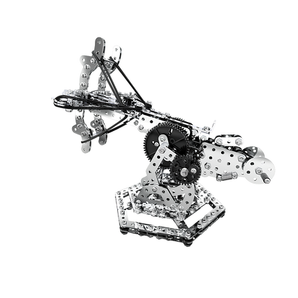 A meticulously crafted DIY metal model of an assembled crossbow mounted on a hexagonal base. Featuring a side-view display, this engaging assembly project vividly demonstrates the mechanics of motion