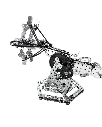 A meticulously crafted DIY metal model of an assembled crossbow mounted on a hexagonal base. Featuring a side-view display, this engaging assembly project vividly demonstrates the mechanics of motion