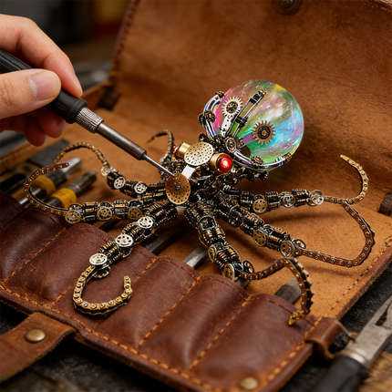 A hand uses a precision screwdriver to assemble a mechanical steampunk octopus metal model with a vibrant rainbow orb head, showcasing the intricate details of this 3D puzzle. The model rests on a leather tool roll, highlighting the hands-on process of building these challenging steampunk puzzle metal kits.