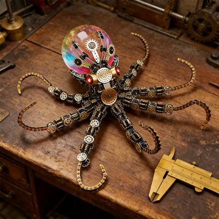 Exquisite mechanical steampunk octopus metal model with a vibrant rainbow orb, carefully placed on a rustic wooden workbench beside a brass caliper. This detailed 3D puzzle highlights intricate gears and chain-link tentacles, embodying a complex steampunk puzzle and superior quality among metal kits.