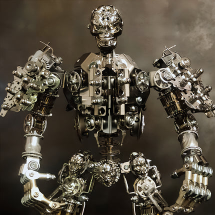  Majestic "Body of Steel" steampunk mech model with a detailed skull head and exposed gears, showcasing the sophisticated mechanical steampunk design. An advanced 3D puzzle metal kit for display.