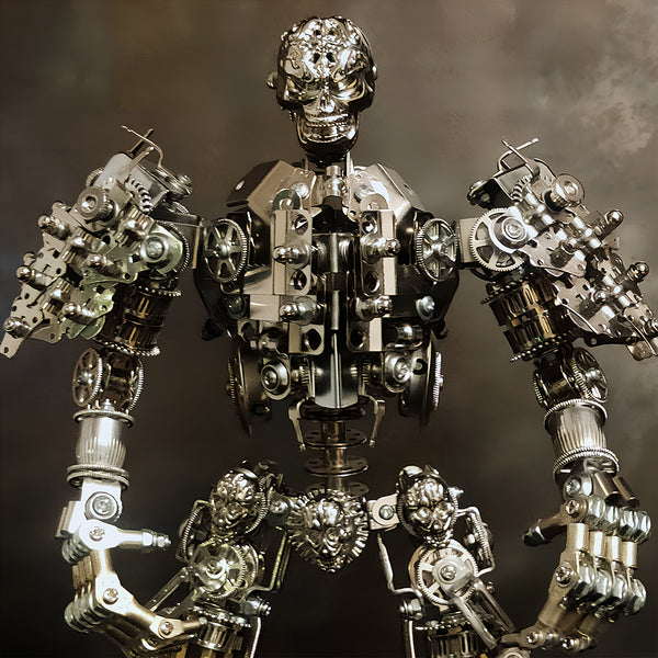  Majestic "Body of Steel" steampunk mech model with a detailed skull head and exposed gears, showcasing the sophisticated mechanical steampunk design. An advanced 3D puzzle metal kit for display.