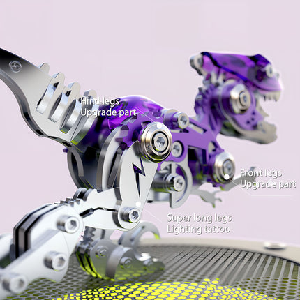Close-up of a purple and silver T-Rex metal model, highlighting the "Hind legs Upgrade part," "Front legs Upgrade part," and "Super long legs Lighting tattoo" details, perfect for a steampunk puzzle enthusiast or those interested in 3D puzzle metal kits.