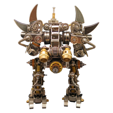 Rear view of a steampunk bipedal metal model featuring gears and horn-like details. This challenging DIY 3D puzzle is part of our extensive Metal Kits, offering a rewarding "funny table" building experience for any metal model enthusiast seeking a "table funny" project