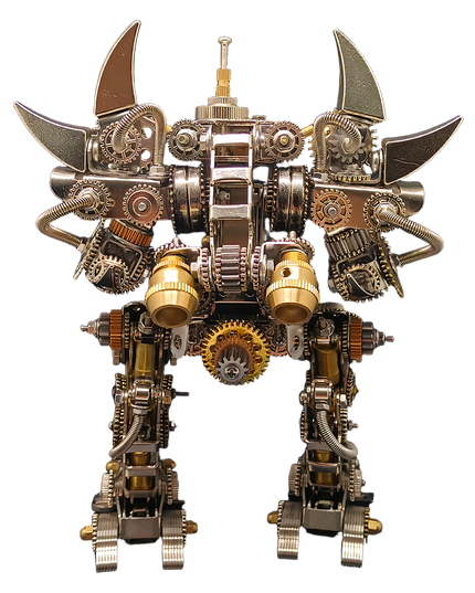 Rear view of a steampunk bipedal metal model featuring gears and horn-like details. This challenging DIY 3D puzzle is part of our extensive Metal Kits, offering a rewarding "funny table" building experience for any metal model enthusiast seeking a "table funny" project