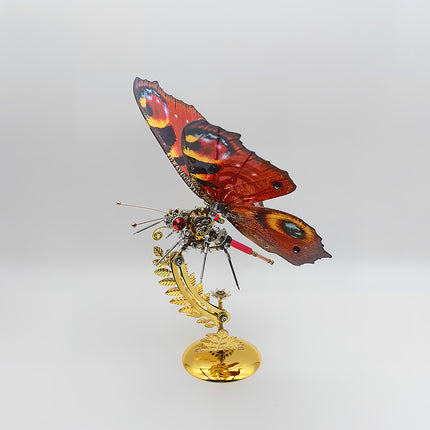 Assembled 3D puzzle metal kits - vivid red-brown steampunk butterfly metal model with eye-spot wings, creative DIY funny table craft
