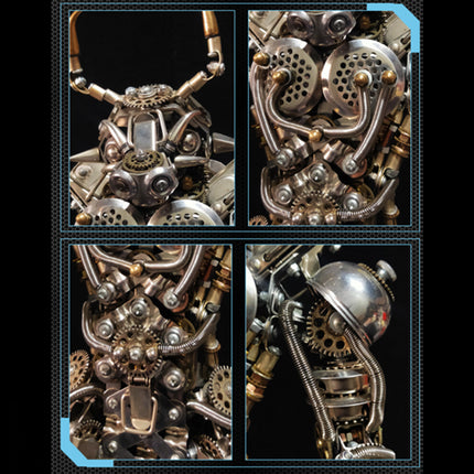 Intricate details of a metal model's head and torso, highlighting the gears, springs, and unique design elements from a DIY 3D puzzle. This Metal Kits creation makes a striking and funny table decoration for collectors