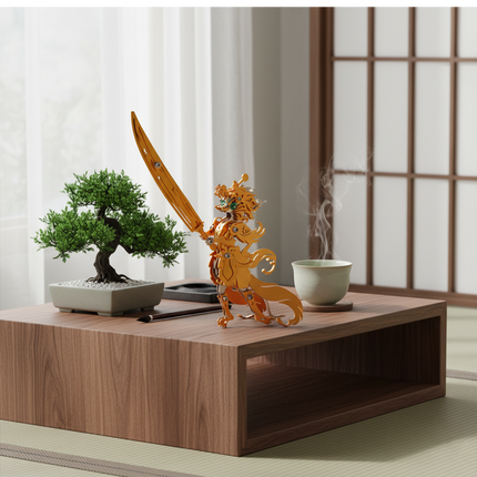 Golden samurai 3D puzzle metal model displayed on a wooden table with bonsai and teacup in a tranquil Japanese-style room, blending mechanical art with zen aesthetics