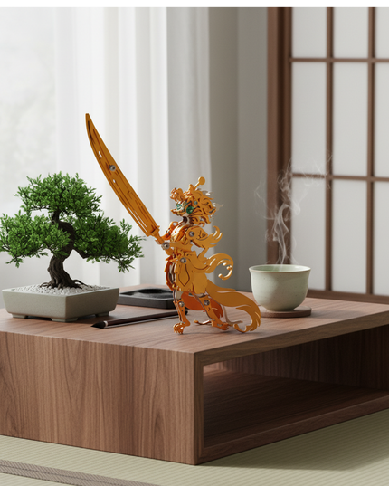 Golden samurai 3D puzzle metal model displayed on a wooden table with bonsai and teacup in a tranquil Japanese-style room, blending mechanical art with zen aesthetics