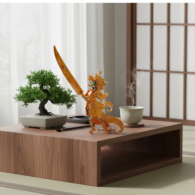 Golden samurai 3D puzzle metal model displayed on a wooden table with bonsai and teacup in a tranquil Japanese-style room, blending mechanical art with zen aesthetics