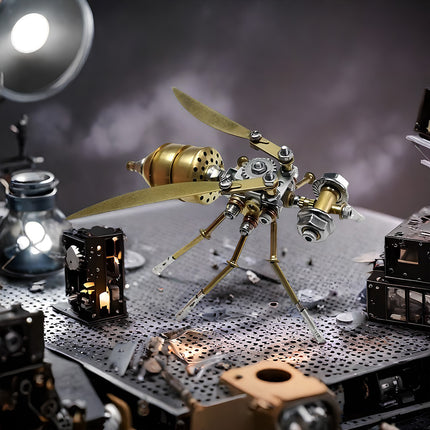A steampunk-inspired flying insect 3D puzzle metal model, a intricate DIY metal kit, with golden wings and gears, standing on a metallic surface in a workshop setting. This metal model is a unique and funny table display, perfect for collectors of whimsical gadgets.