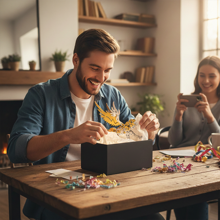 A cheerful man is assembling a gold-and-silver metallic white tiger 3D puzzle—a perfect DIY metal model gift for an interesting desk display or any hobbyist. In the background, a woman is taking photos