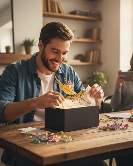 A cheerful man is assembling a gold-and-silver metallic white tiger 3D puzzle—a perfect DIY metal model gift for an interesting desk display or any hobbyist. In the background, a woman is taking photos