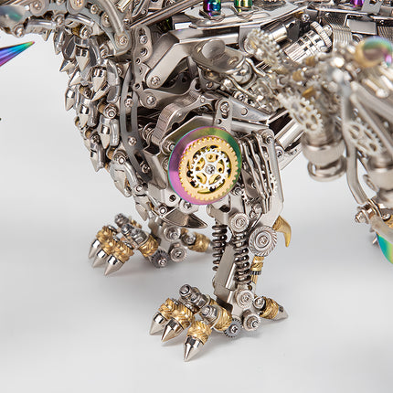 Close-up of the mechanical legs and body of a metallic 3D puzzle dragon, showcasing the intricate gears, springs, and iridescent details of this advanced metal model kit.