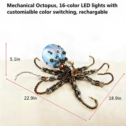 This Mechanical Octopus 3D puzzle Metal Kit features 16-color customizable LED lights (rechargeable) and measures 22.9in×18.9in×5.1in. Composed of metal gears and a luminous glass-like head, it offers a highly challenging assembly experience. The finished product, with its steampunk charm and colorful lighting, becomes a striking focal point for your funny table, ideal for steampunk lovers and puzzle enthusiasts, adding a unique industrial-mechanical and visual appeal to your space.