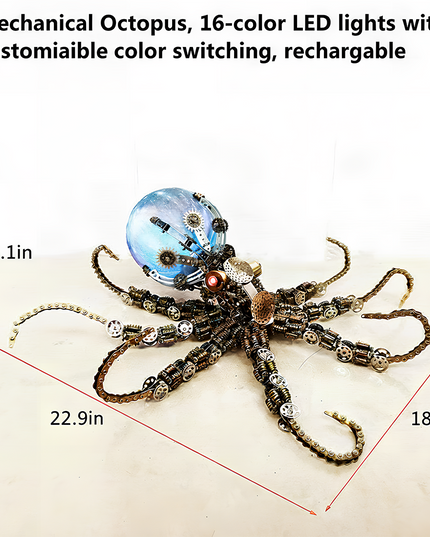 This Mechanical Octopus 3D puzzle Metal Kit features 16-color customizable LED lights (rechargeable) and measures 22.9in×18.9in×5.1in. Composed of metal gears and a luminous glass-like head, it offers a highly challenging assembly experience. The finished product, with its steampunk charm and colorful lighting, becomes a striking focal point for your funny table, ideal for steampunk lovers and puzzle enthusiasts, adding a unique industrial-mechanical and visual appeal to your space.