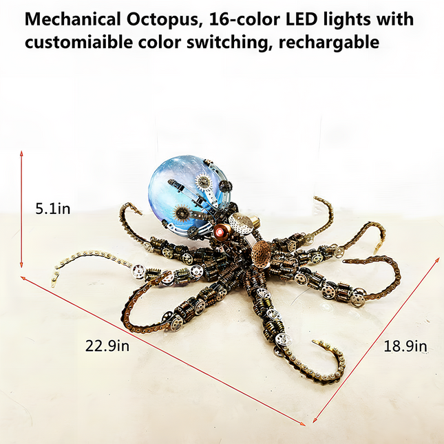 This Mechanical Octopus 3D puzzle Metal Kit features 16-color customizable LED lights (rechargeable) and measures 22.9in×18.9in×5.1in. Composed of metal gears and a luminous glass-like head, it offers a highly challenging assembly experience. The finished product, with its steampunk charm and colorful lighting, becomes a striking focal point for your funny table, ideal for steampunk lovers and puzzle enthusiasts, adding a unique industrial-mechanical and visual appeal to your space.