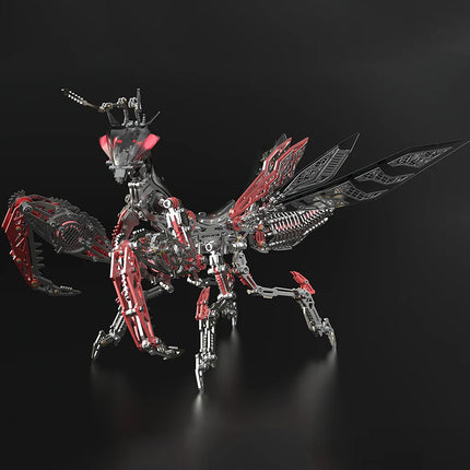 Dynamic view of an articulated mechanical praying mantis metal model, featuring a menacing pose with red glowing eyes and intricate segmented armor. This high-quality metal 3D puzzle is a perfect maquette en metal for collectors and hobbyists.