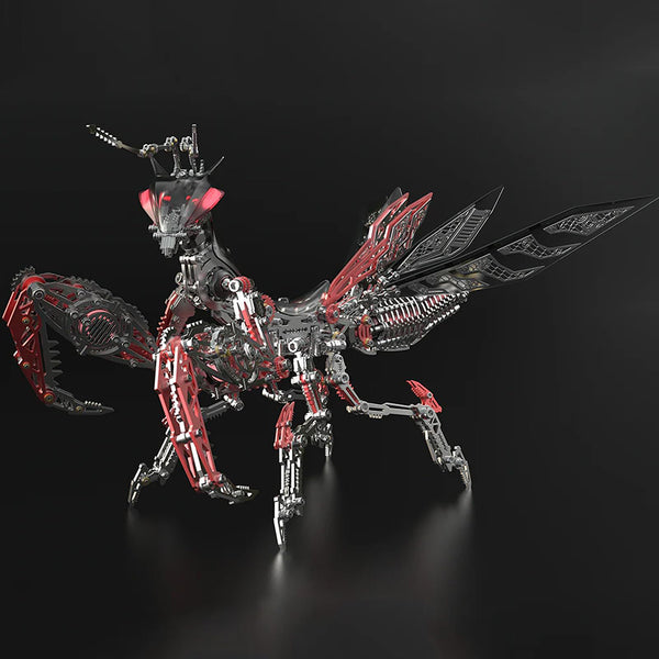 Dynamic view of an articulated mechanical praying mantis metal model, featuring a menacing pose with red glowing eyes and intricate segmented armor. This high-quality metal 3D puzzle is a perfect maquette en metal for collectors and hobbyists.