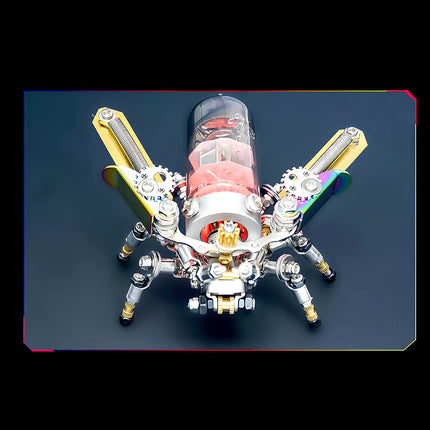  Front view of a mechanical firefly metal model with a glowing vacuum tube and metallic details, a captivating 3D puzzle for mechanical steampunk collectors.