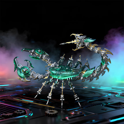 Emerald green and gold mechanical scorpion metal model, a stunning DIY 3D puzzle with intricate details. This premium Metal Kits piece is a striking and funny table decoration, perfect for adding a futuristic touch to any space.