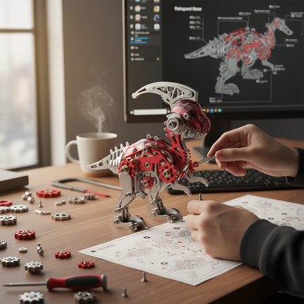  A person is meticulously assembling a red and silver Pteranodon 3D puzzle metal model, following the instructions to put together this captivating DIY metal kit. This scene highlights the intricate assembly process of creating an intriguing desktop display piece.