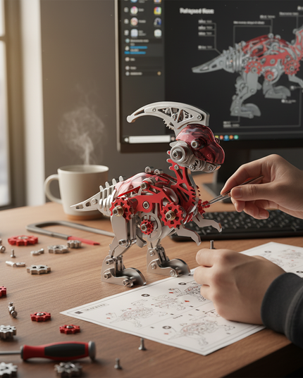  A person is meticulously assembling a red and silver Pteranodon 3D puzzle metal model, following the instructions to put together this captivating DIY metal kit. This scene highlights the intricate assembly process of creating an intriguing desktop display piece.
