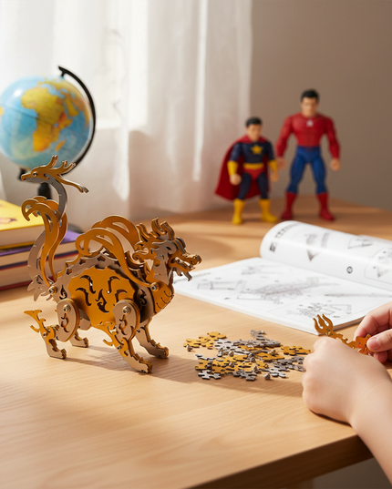 A Creative Family Activity: A child assembles a striking golden basalt metal craft kit—a perfect STEM-inspired gift for kids to build and display