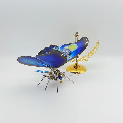Artistic 3D puzzle metal kits of Starry Night butterfly - finished diy funny table ornament with mechanical structure and golden stand