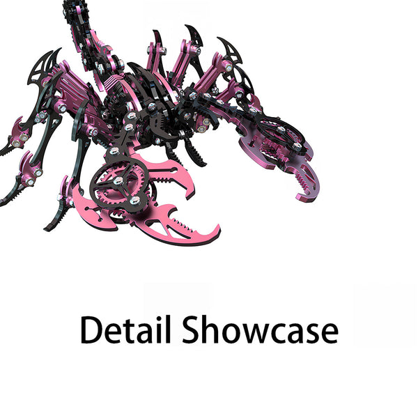 Detail Showcase of Pink & Black Scorpion 3D Puzzle Metal Model - Close-up of the DIY Metal Kits' gear-integrated pincers and segmented leg joints. This intricate 3D puzzle component features polished pink metal, precise screw connections, and movable mechanical parts—designed to assemble into a vivid decor piece that elevates any funny table setup.