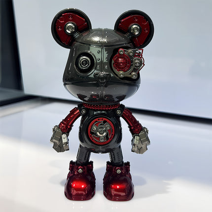 This is the finished product of a cyberpunk mechanical bear model in black and red (front view). Key details include exposed gear mechanisms, mechanical eyeball accents, and metallic-finish joints. Its tech-inspired, trendy aesthetic makes it ideal for gaming desks, collectible display cases, or futuristic-themed workspaces. This DIY metal assembly kit serves as a fun desktop decoration.
