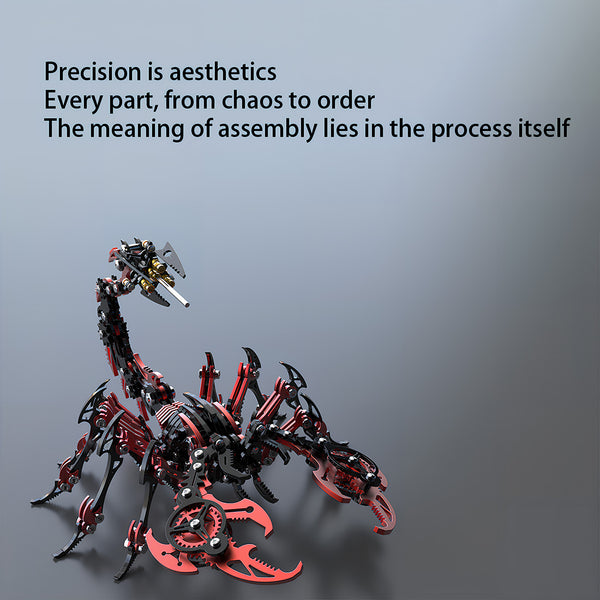 Assembled Black-and-Red Scorpion 3D Puzzle Metal Model - The finished decor from DIY Metal Kits, showcasing precision craftsmanship (as "Precision is aesthetics" implies). This lifelike mechanical metal puzzle piece transforms from scattered parts to an orderly funny table display—highlighting that the assembly process of this 3D puzzle kit is as meaningful as the final desk ornament.