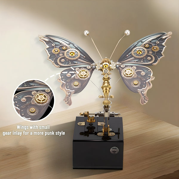 Steampunk butterfly metal model with detailed gear inlay on wings, a distinctive 3D puzzle featuring mechanical steampunk and punk style elements.