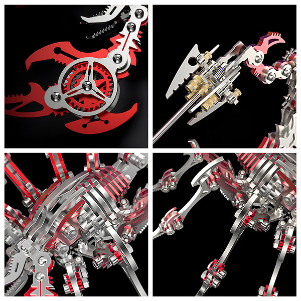 Detailed macro shots of the red **maquette en metal** scorpion, highlighting the vibrant red coating and stainless steel structure of this DIY **puzzle métallique 3d**.
